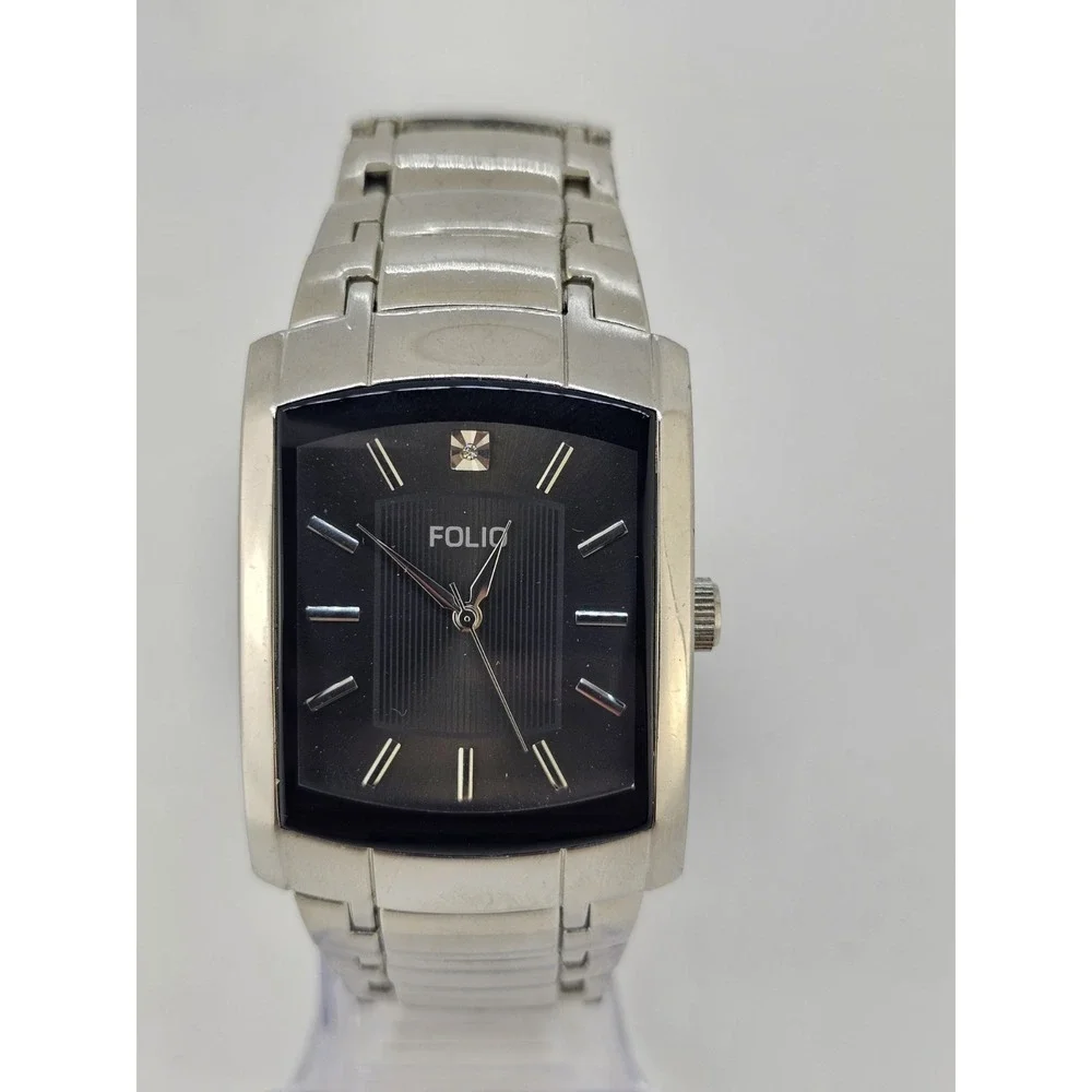 Folio Men's Diamond Watch 35MM Black Dial‎ Gray Bracelet Band 7